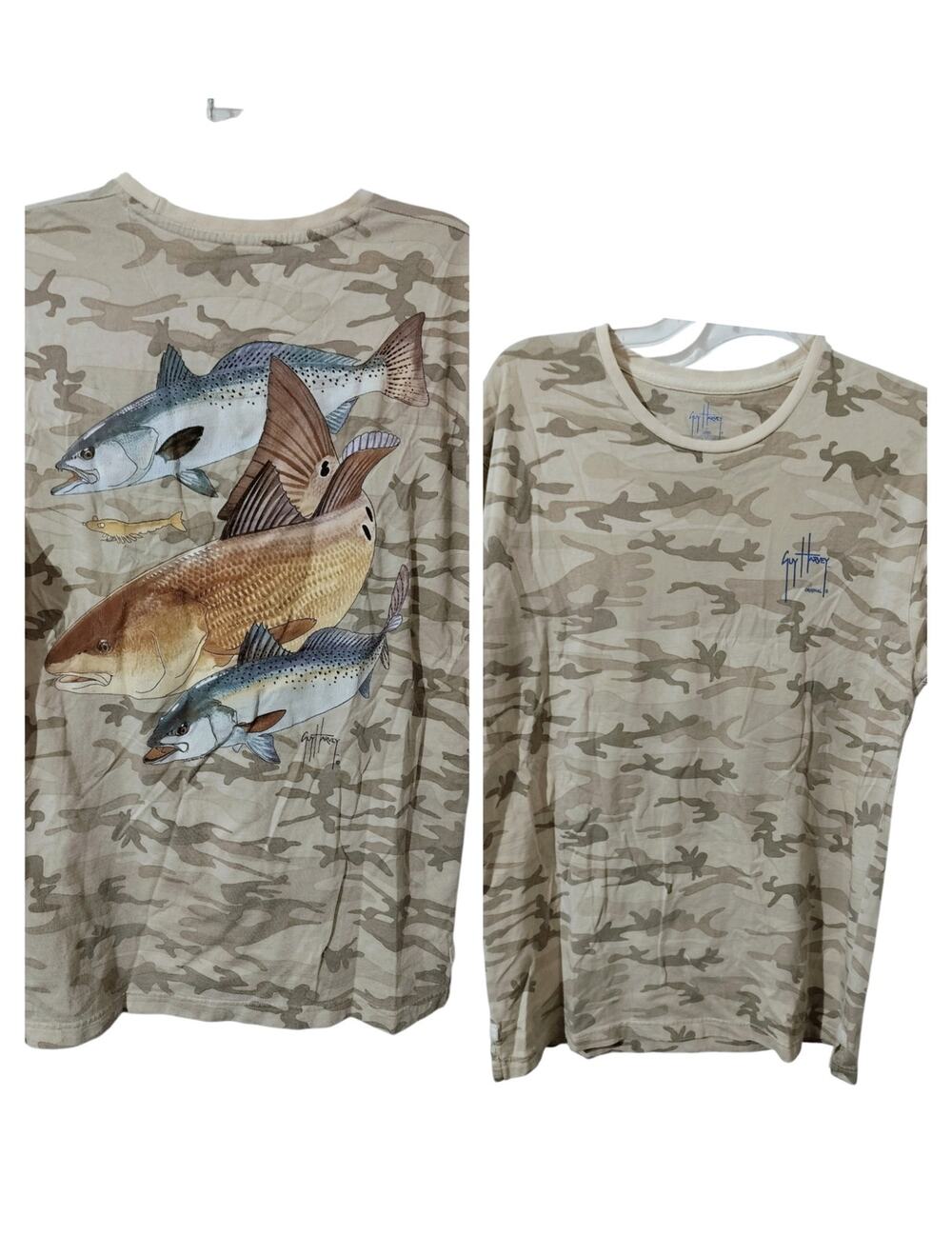 M1255) Vtg Guy Harvey Tan/Beige Camo Fish Graphic Short Sleeve Cotton Tee Large